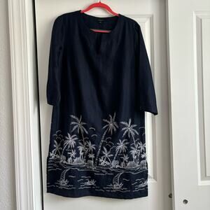 Talbots Linen Shift Dress Navy Blue Embroidered Beaded Beachy Palms Sz M